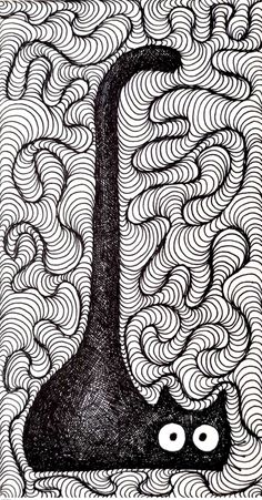 a black and white drawing of a cat in the middle of wavy waves with eyes drawn on it