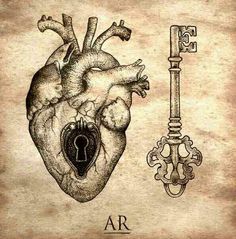 a drawing of a human heart and key