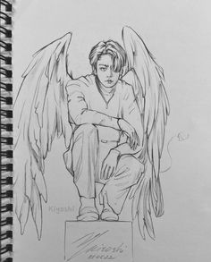 a pencil drawing of an angel sitting on top of a box with his arms crossed