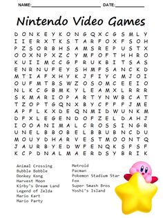 a printable word search for the nintendo video game, with an image of a star