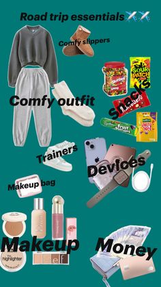 The pin is about road trip essentials and it has comfy clothing, slippers, trainers, snacks, makeup bags and makeup, devices, and money x Long Road Trip Essentials For Teens, Teen Travel Essentials, Camping With Teens, Long Car Trips