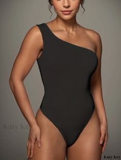 Katykey - Womens Asymmetrical One-Shoulder Bodysuit: Elegant Sleeveless One-Piece Apparel Fitted One Shoulder Sleeveless Top For Beach, Chic Stretch Sleeveless One Piece, Chic Sleeveless Stretch One Pieces, Chic Sleeveless Stretch One-piece, Solid Sleeveless One-piece For Party, Solid Sleeveless Party One-pieces, Stretch One-shoulder One Piece For Summer, Chic One Shoulder Bodysuit For Swimming, Chic Sleeveless One Piece With Lined Body