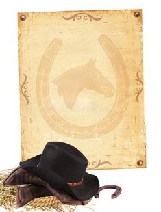 a cowboy hat and lasso are sitting next to a sign with a horse head on it