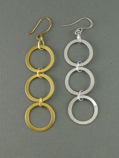 Gold Plated Vermeil & Sterling Silver Three Circle Dangle Earring Supply Available in Gold Plated Vermeil or Sterling Silver Circle: 18mm x 0.5mm Total Length: 2 2/3 inches Sold in pairs Add french wire earrings to make a three circle dangle earrings! French Wire Earrings, Easy Jewelry, Earrings Everyday, Modernist Jewelry, Unusual Jewelry, Long Dangle Earrings, French Wire, Copper Brass, Etsy Earrings Dangle