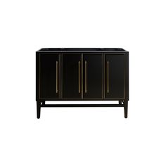 a black cabinet with gold handles and doors