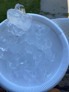 a paper plate with ice cubes in it sitting on a table next to some grass