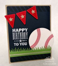 a birthday card with a baseball and pennants