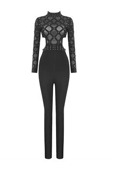 Achieve a stunning and seductive look with the Carr Black Beaded Cut Out Jumpsuit. This figure-hugging jumpsuit features a unique cut-out design adorned with exquisite white beads. The sheer long sleeves and stretchy fabric enhance the silhouette, ensuring a perfect fit. Embrace elegance and allure with this captivating black jumpsuit.  Length: Approx 112cm Materials: Bandage Gentle Dry Clean Only  The model is 5 ft 7 and wears size S  Color may vary due to lighting on images. The product images (without a model) are closest to the true color of the product.  Item runs true to size chart and is cut to suit our size chart. Please refer to our size chart for the best fit. Do not size up or down. Elegant Bodycon Bodysuit For Party, Elegant Party Bodycon Bodysuit, Chic Evening Bodysuit With Mesh Sleeves, Elegant Bodysuit With Mesh Sleeves For Parties, Embellished Long Sleeve Bodysuit For Night Out, Long Sleeve Embellished Bodysuit For Night Out, Fitted Long Sleeve Embellished Bodysuit, Embellished Long Sleeve Bodysuit For Party, Elegant Party Bodysuit With Mesh Sleeves