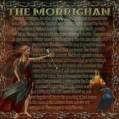 an image of a woman holding a bird in her hand with the words,'the morrigann'on it