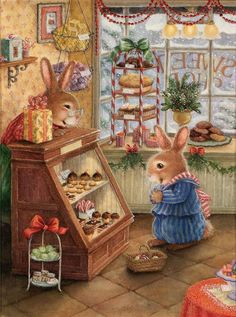 a painting of two rabbits looking at pastries in a display case, and one bunny is eating