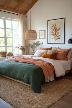 a bedroom with a bed, rugs and pictures hanging on the wall above it