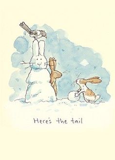 there's the tail bunny and rabbit in snow with bird on his head, looking at him