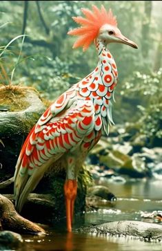 a bird with red and white feathers standing on rocks in the middle of a stream