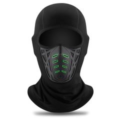 a black face mask with green lights on it's side and the hood up