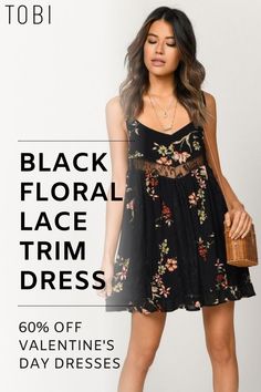 Save money on this black floral lace trim dress from TOBI. Explore the best lace dresses for Valentine's Day, sexy women's fashion dresses, and romantic Valentine's Day outfits. Look stunning for your sweetheart on date night or a fun night out with friends. Shop TOBI sales now! #shoptobi #tobisales #valentinesdaydress #valentinesdayoutfit #lacedress #floraldress Floral Prints Fashion, Black Floral Print Dress, Cute Dresses For Party, Valentines Day Dresses, Lace Trim Dress, Trim Dress, Red Lace Dress, Valentine's Day Outfit, Lace Dresses