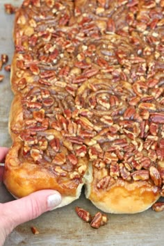 a person holding up a piece of bread with pecans on it