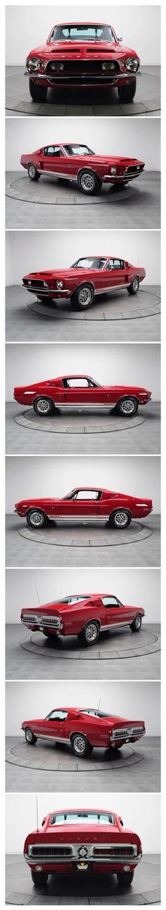 four different views of an old red car in multiple stages, from top to bottom