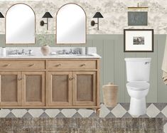 an image of a bathroom setting with double sinks and mirrors on the wall above the sink