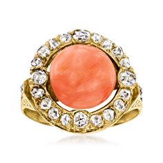 Ross-Simons - C. 1900 Vintage Coral, .60ct t. w. Diamond Ring Round Cut in 18kt Yellow Gold. Size 6. C. 1900. Hailing from the Victorian era of fine design, this Estate collection ring is a true standout. A 9.5mm round coral cabochon centers the sumptuous ring, encircled by a glamorous line of .60 ct. t. w. round rose-cut diamonds. Note the intriguing use of open space around the main gem. Finishes with a subtly tapered band. Finely crafted in 18kt yellow gold. 5/8" wide. Diamond and coral ring. Victorian Diamond Ring With 17 Jewels, Victorian Yellow Gold Diamond Ring With Gemstone, Jewelry Presentation, Antique Jewelry Rings, Gold C, Orange Stone, Coral Ring, Coral Stone, Fine Jewelery