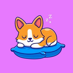 a sleeping corgi dog with its eyes closed and his head resting on the pillow