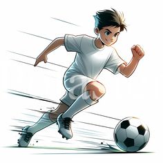 a young boy is kicking a soccer ball