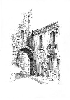 a black and white drawing of an old building with a stone arch in the middle