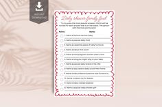 a baby shower checklist is shown on a pink and white background with palm leaves