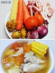 two pictures with different foods in them, one is soup and the other has meat