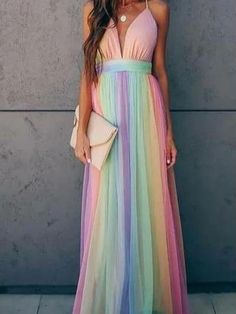 Rainbow Pastel Deep V Maxi Dress 2XL | Cute Clothing + Accessories. Rainbow Prom Dress, Pastel Heels, 2020 Clothes, Ombre Wedding Dress, Ombre Dress, Cruise Outfits, Rainbow Dress, Camisole Dress, A Line Prom Dresses