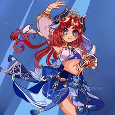 an anime character with long red hair and blue dress, holding her arms out in the air