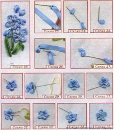 the instructions for making blue flowers are shown in several different pictures, including stems and petals