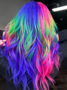 Funky Hair Colour Ideas, Vivid Hair Color Inspiration, Rainbow Fringe Hair, Cyberpunk Hair Color, Vivid Hair Color Ombre, Split Dye Vivid, Rainbow Split Dye Hair, Wild Hair Color Ideas, Hair Color Placement Diagram