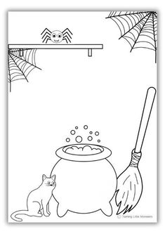 a coloring page with a cat and witch's caulder