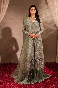 Brand: Maria Osama KhanProduct Code: DS-01 MehrCollection: Maria Osama Khan Dastaan Festive Formal CollectionFabric: Organza DESCRIPTION: Show off your style with this mesmerizing, scintillating & classy ensemble. This exquisite grey green outfit features intricate embroidery and hand embellishments on luxurious organza fabric. The left & right panels are adorned with stunning embroidery. The back is also enhanced with embroidery details. The sleeves, borders, & dupatta continue this elegant emb Organza Suits, Organza Shirt, Embroidered Sleeves, Elegant Embroidery, Organza Fabric, Pakistani Designers, Intricate Embroidery, Silk Dupatta, Green Outfit