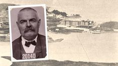 an old photo of a man with a mustache and bow tie in front of the water