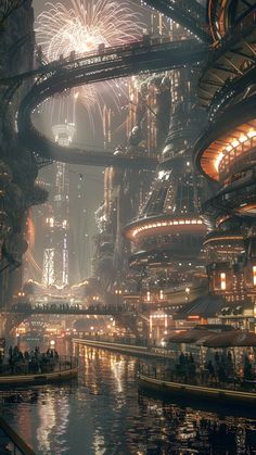 a futuristic city at night with fireworks in the sky