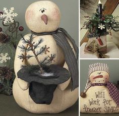 there are three pictures of snowmen with hats and trees in their hands, one is holding a potted plant