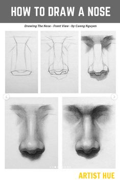 four different stages of drawing nose and nose with the words, how to draw noses