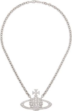 Cable chain necklace in silver-tone brass. · Logo pendant with pavé-set crystals at drop · Logo disc at lobster-clasp fastening · L19 Supplier color: Platinum/Crystal Vivienne Westwood Jewellery, Drop Logo, Gray Jewelry, Cable Chain Necklace, Bas Relief, Latest Jewellery, Accessories Jewelry Necklace, Brass Jewelry, Watches Jewelry