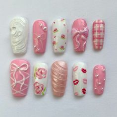 Cool Valentines Nails, Korean Valentines Nails, Pink And White Valentines Nails, Lovecore Nails, Cute Valentines Nails Pink, Pink And Red Valentine Nails, Valentine’s Day Nail Designs, Pink Princess Nails, Pink And Red Nail Designs