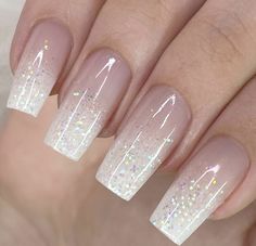 French Ombre Nails Sparkle, Bride Nail Styles, Pretty Ombre Nails Sparkle, Nude Ombre Nails With Glitter, Pinkmas Nails, Acrylic Nails Nude, Natural Acrylic Nails