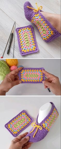 crocheted slippers are being made with yarn, and the pattern is easy to make