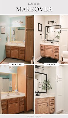 bathroom makeover before and after photos with text overlay that reads, bathroom makeover before and after