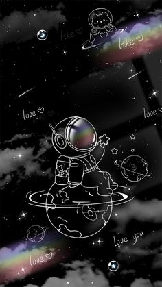 an astronaut is sitting on top of the moon with rainbows and stars in the background