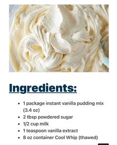 ingredients for whipped cream in a bowl on a white background with the words ingredients below it