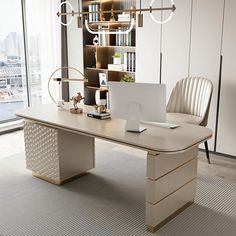 a desk with a laptop on it in front of a large window overlooking the city