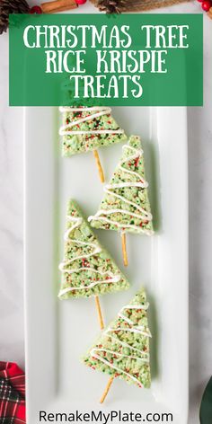 christmas tree rice krispie treats on a white plate