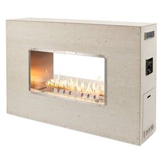 a white wall mounted fireplace with flames in it