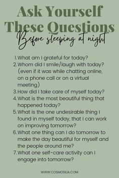 Ask Yourself These Questions Before Sleeping At Night Inspiration For The Day, Journal Questions, Daily Journal Prompts, Writing Therapy