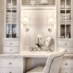 a white dressing table and chair in a room